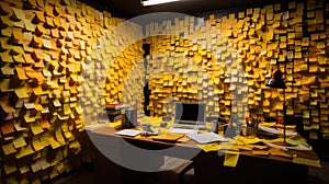 Yellow post-it notes on a wall. Shallow depth of field.