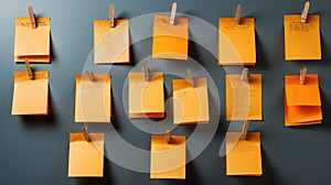 Yellow post-it notes on a wall. Shallow depth of field.