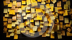 Yellow post-it notes on a wall. Shallow depth of field.