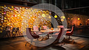 Yellow post-it notes on a wall. Shallow depth of field.