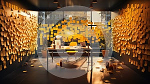 Yellow post-it notes on a wall. Shallow depth of field.