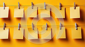 Yellow post-it notes on a wall. Shallow depth of field.