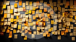 Yellow post-it notes on a wall. Shallow depth of field.