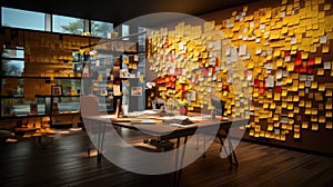 Yellow post-it notes on a wall. Shallow depth of field.