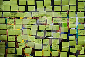 Yellow post-it sticky notes on a glass wall.