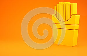 Yellow Potatoes french fries in carton package box icon isolated on orange background. Fast food menu. 3d illustration
