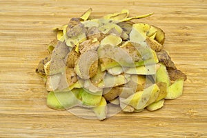 Yellow potatoes peeled for cooking. Peel the potatoes.