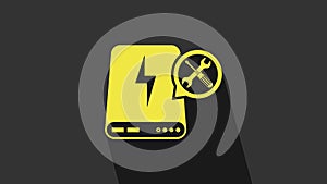 Yellow Power bank with screwdriver and wrench icon isolated on grey background. Adjusting, service, setting, maintenance