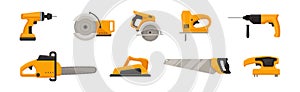 Yellow Power Tools for Carpentry Work Vector Set