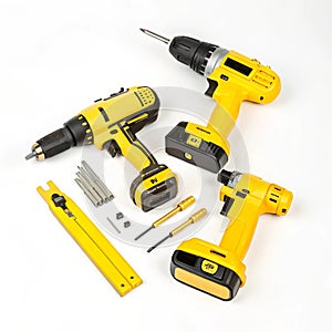 Yellow power tools isolated on white background