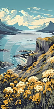 Yellow Print On Hill: A Panoramic Canvas With Calm Waters And Detailed Mountains