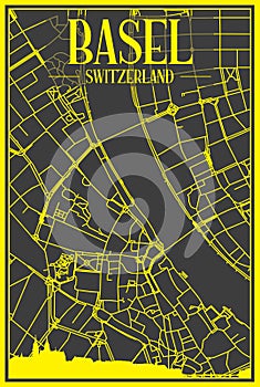 Hand-drawn panoramic city skyline poster with downtown streets network of BASEL, SWITZERLAND