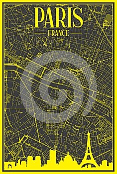 Hand-drawn panoramic city skyline poster with downtown streets network of PARIS, FRANCE