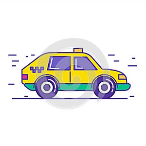 Yellow public taxi car icon design in trendy cartoon line style.