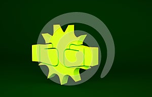 Yellow Punch in boxing gloves icon isolated on green background. Boxing gloves hitting together with explosive