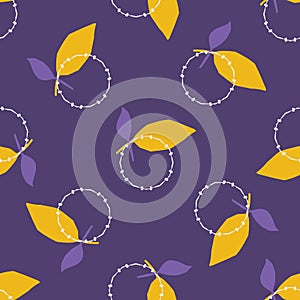 Yellow purple leaf circle shapes. Vector pattern seamless tossed background. Hand drawn floral geometric leaves graphic