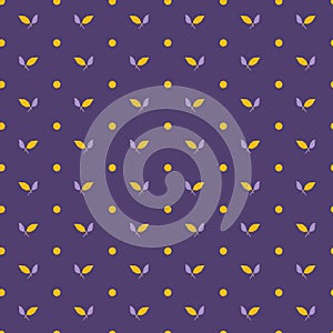 Yellow purple leaf polka dots. Vector pattern seamless background. Hand drawn floral geometric leaves graphic illustration