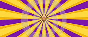 Yellow purple lines background. Radial sunburst wallpaper. Abstract sun rays and beams comic texture. Vintage summer