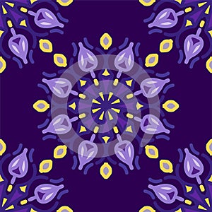 yellow purple magenta violet lavender mandala seamless pattern floral flower design background vector illustration