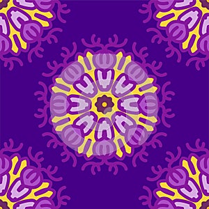 yellow purple magenta violet lavender mandala seamless pattern floral flower design background vector illustration
