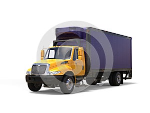 Yellow and purple refrigerator truck