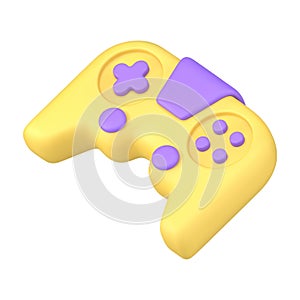 Yellow and purple video game joystick with buttons diagonally placed gaming console 3d icon vector