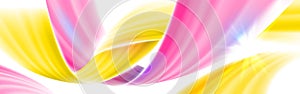 Yellow purple wavy ribbon flow design background horizontal web banner. Flare light, sunny flyng effect. Color line abstract