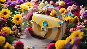 Yellow purse and mamy colorful flowers.