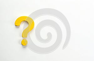 Yellow question mark on white background. Conceptual symbol query. FAQ, help support icon. Isolated. Inquiry, asking, problem,