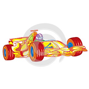 Yellow racing car with driver inside, toy, isolated object on white background, vector illustration