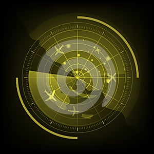 Yellow radar screen with airplane and map