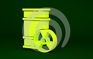 Yellow Radioactive waste in barrel icon isolated on green background. Toxic refuse keg. Radioactive garbage emissions