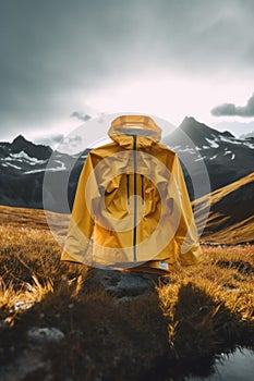 A yellow rain jacket sitting on top of a grass covered field. Generative AI image.