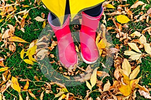 Yellow raincoat. Rubber pink boots against. Conceptual image of legs in boots on green grass