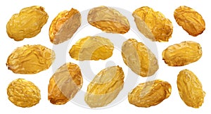 Yellow raisins isolated on white background, close up