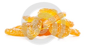 Yellow raisins isolated on white with clipping path