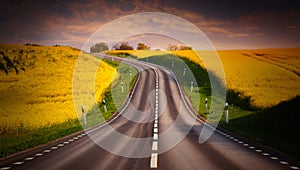 Yellow rapeseed field and a emty road