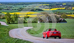 Yellow rapeseed fields and a red car