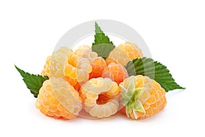 Yellow raspberry berries on white