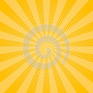 Yellow rays background with halftone effect. Shine sunburst for comic book. Pop art banner with dots. Summer wallpaper in retro