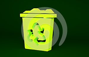 Yellow Recycle bin with recycle symbol icon isolated on green background. Trash can icon. Garbage bin sign. Recycle