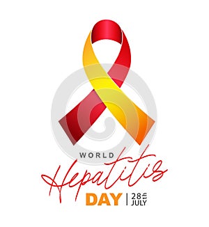 Yellow-red awareness ribbon rolled into a loop. Lettering. World Hepatitis Day. July 28th. Inflammatory liver disease