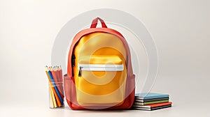 Yellow red backpack, stack of books, notebooks, colored pencils, pens on white background, back to school concept, copy space