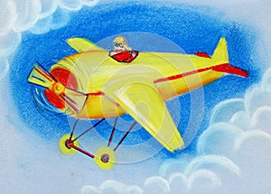 Yellow with red and black stripes retro toy plane in the blue sky. Hand-drawn illustration of dry pastel