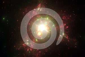 Yellow red glowing stardust cloud pattern in black space.