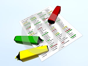 Yellow, red and green pen markers on a list with highlighted elements