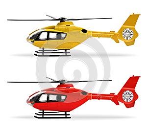 Yellow and red helicopters. Small-sized passenger helicopter in different colors. Air Transport. Realistic isolated photo