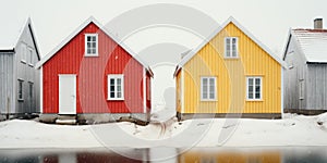 Yellow, red houses by the lake, Scandinavian style. Image for poster. Generative AI