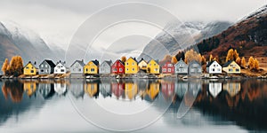 Yellow, red houses by the lake, Scandinavian style. Image for poster. Generative AI