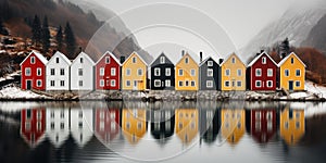 Yellow, red houses by the lake, Scandinavian style. Image for poster. Generative AI